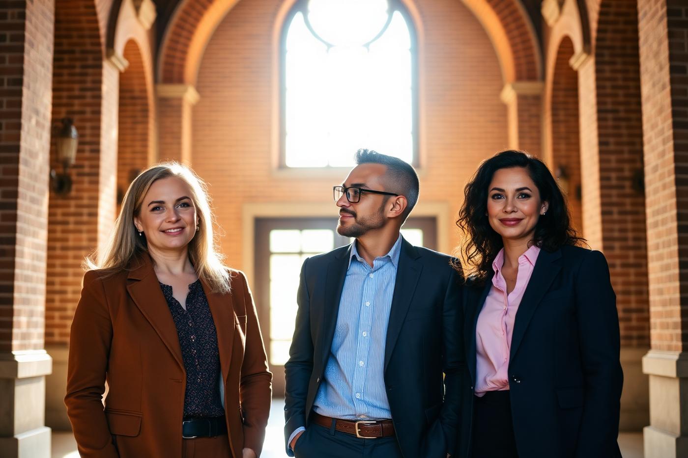 Three real estate professionals in a historic brick lobby